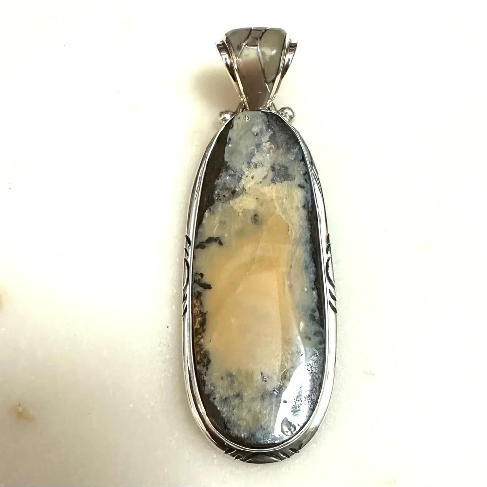 Samson Sam Kee Native American Navajo Honey Moss Agate Sterling Silver Pendant